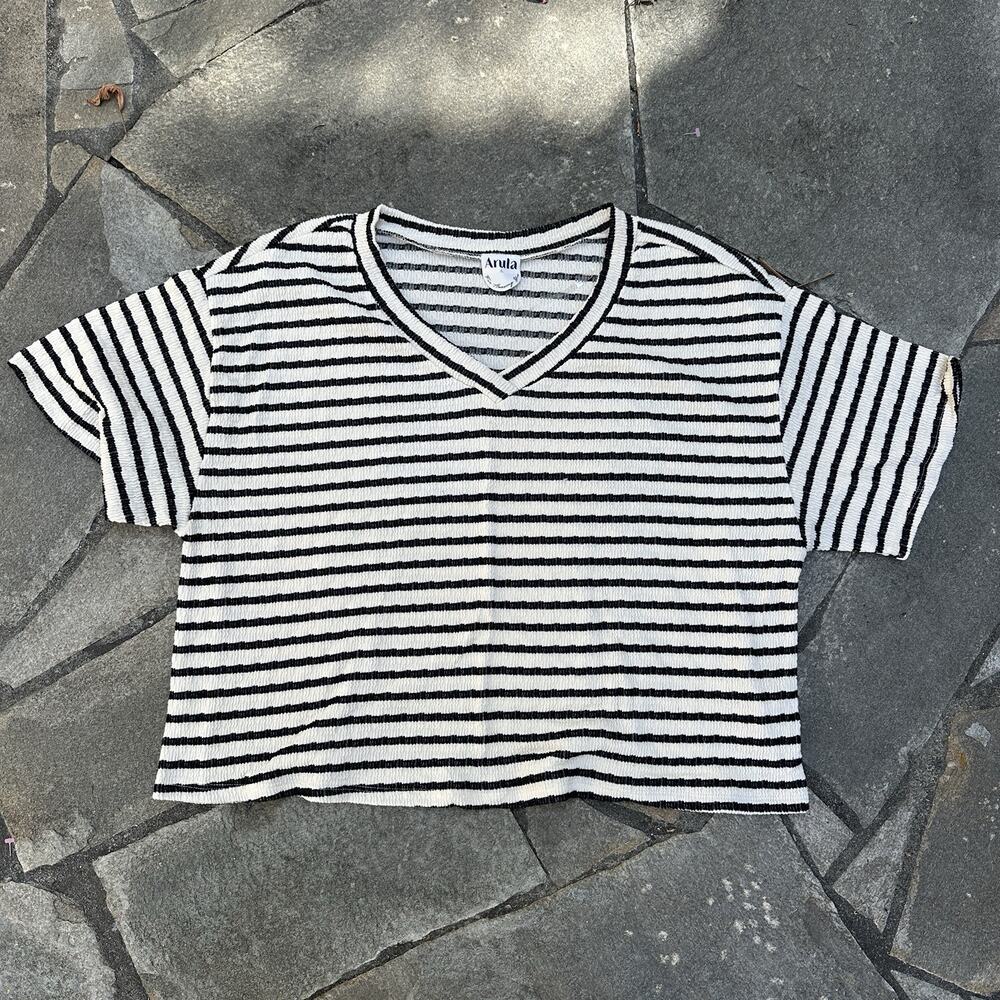 Arula Crop Top Womens 1X Black Cream Striped Crinkle Knit Cute Minimal Blouse
